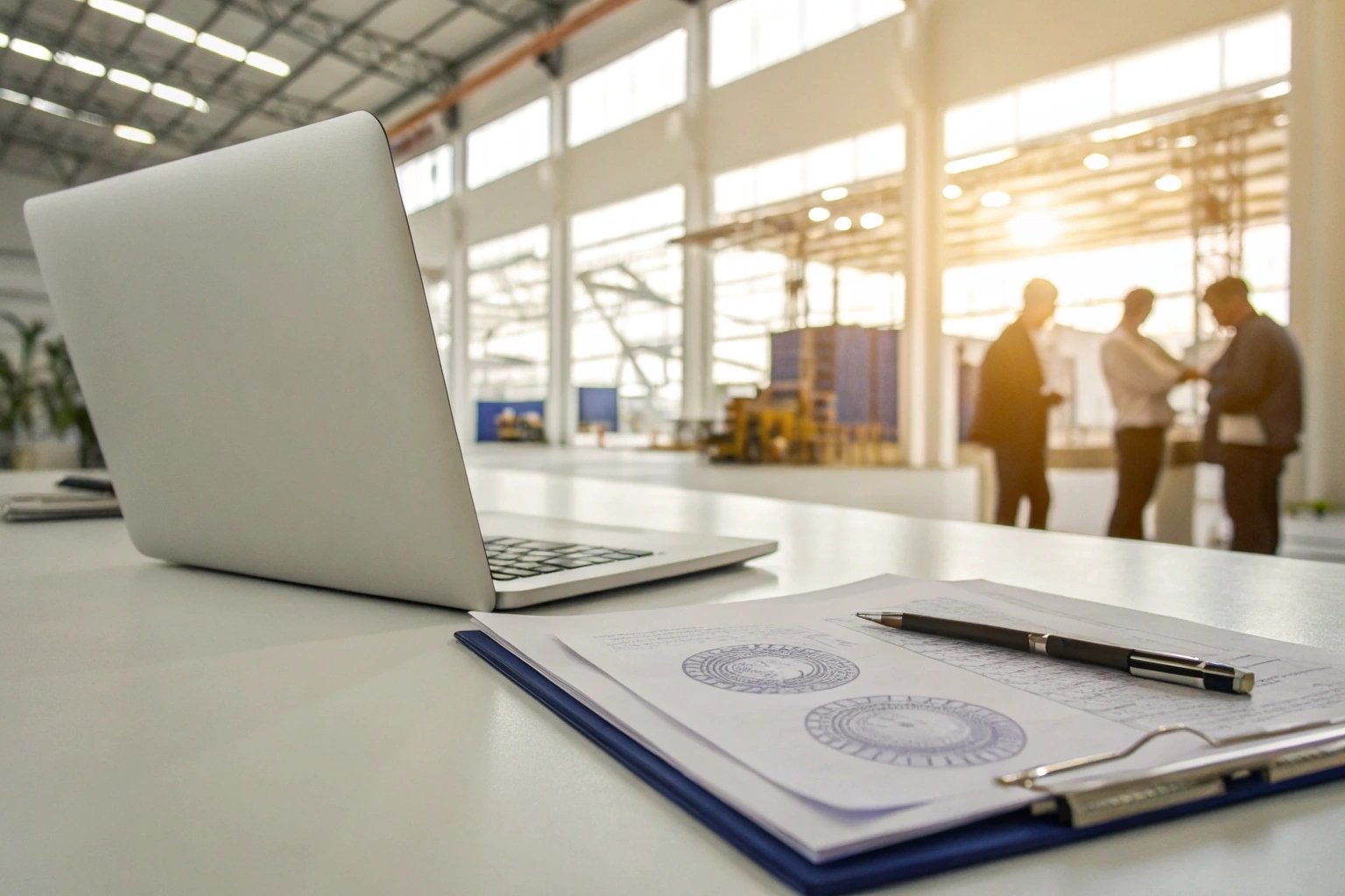 Laptop and blueprints on table in industrial office